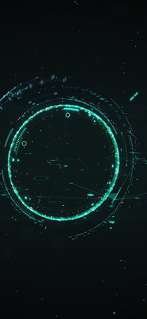 Futuristic Holographic HUD Interface with Glowing Cyan Circular Display on Dark Background HD phone wallpaper