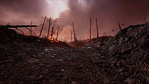 Scorched Battlefield Landscape with Burning Trees and Dark Terrain HD wallpaper