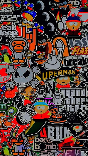Dense Cartoon Sticker Bomb Wallpaper Featuring South Park, Trolls, and Pop Culture Icons HD phone wallpaper