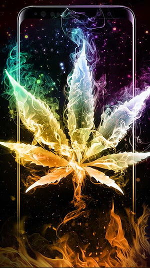 Vibrant Neon Smoke Cannabis Leaf on Dark Cosmic Background HD phone wallpaper