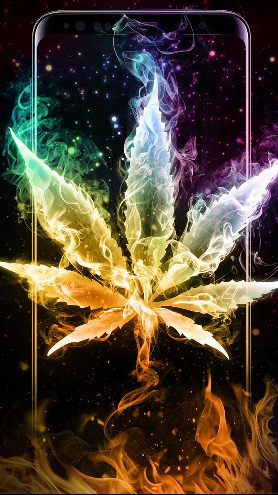 Vibrant Neon Smoke Cannabis Leaf on Dark Cosmic Background HD phone wallpaper