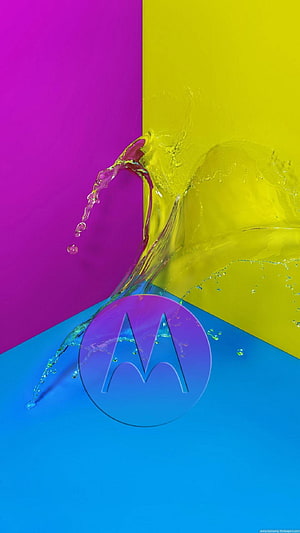 Motorola M Logo with Vibrant Water Splash on Magenta Yellow and Blue Background HD phone wallpaper