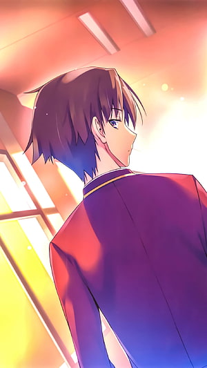 Ayanokoji Kiyotaka from Classroom of the Elite in a warm-lit school corridor HD phone wallpaper