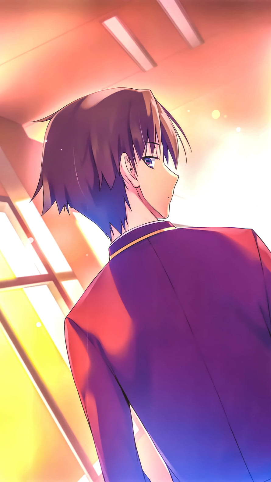 Ayanokoji Kiyotaka from Classroom of the Elite in a warm-lit school corridor HD phone wallpaper