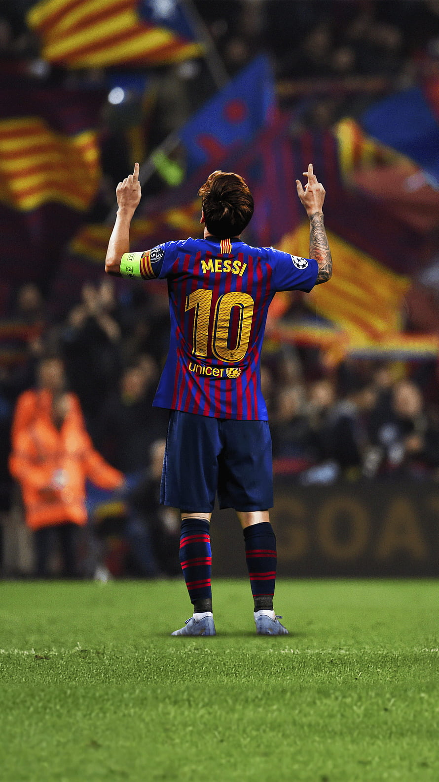 Lionel Messi in Barcelona Home Kit Celebrating on the Pitch with Fans in Background HD phone wallpaper