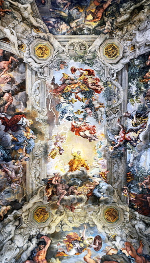 Baroque Ceiling Fresco with Angels and Divine Figures in Ornate Architectural Frame HD phone wallpaper