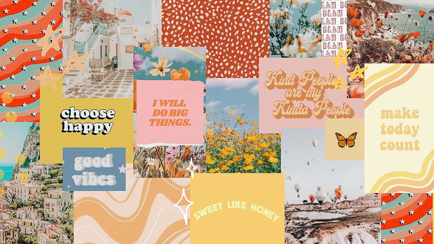 Warm Summer Aesthetic Collage with Motivational Quotes and Floral Elements HD wallpaper