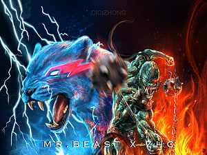 Electric Blue Tiger and Fiery Demon Warrior Fantasy Digital Art HD wallpaper