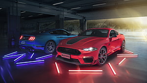 Red and Blue Ford Mustang Muscle Cars in Neon-Lit Garage with Glowing Floor Strips HD wallpaper