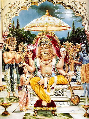 Lord Narasimha Seated on a Royal Throne Surrounded by Devas and Celestial Figures HD phone wallpaper