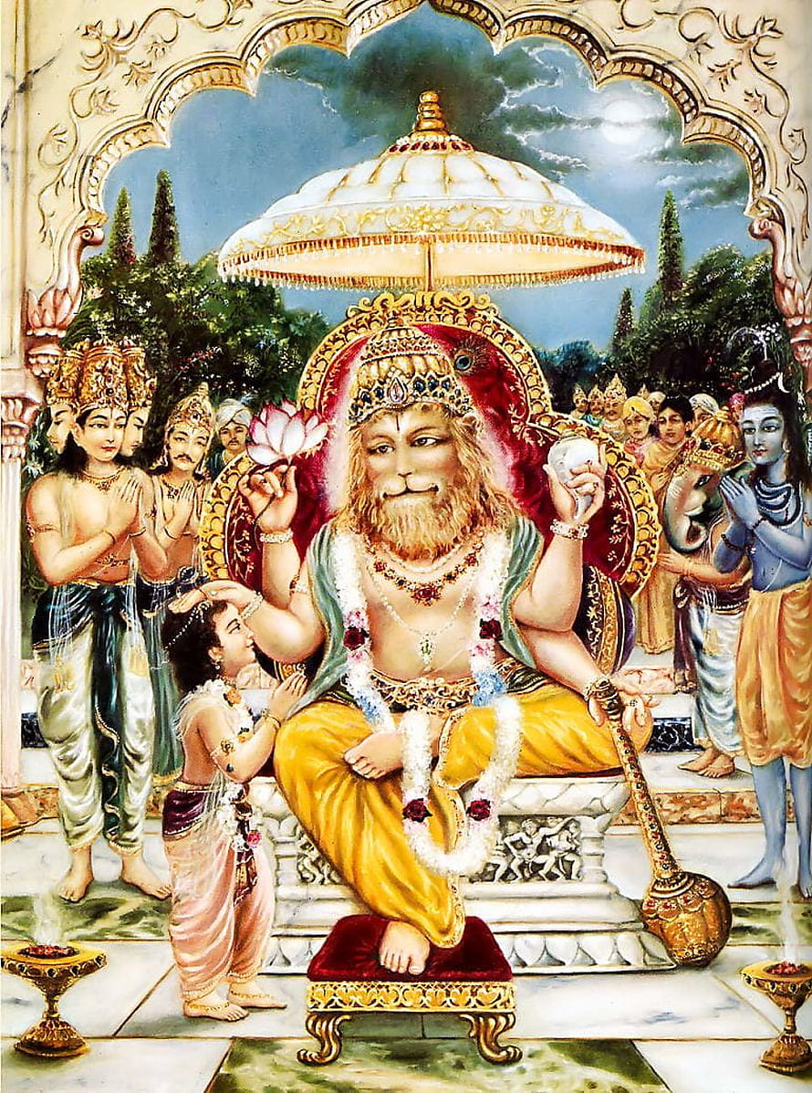 Lord Narasimha Seated on a Royal Throne Surrounded by Devas and Celestial Figures HD phone wallpaper