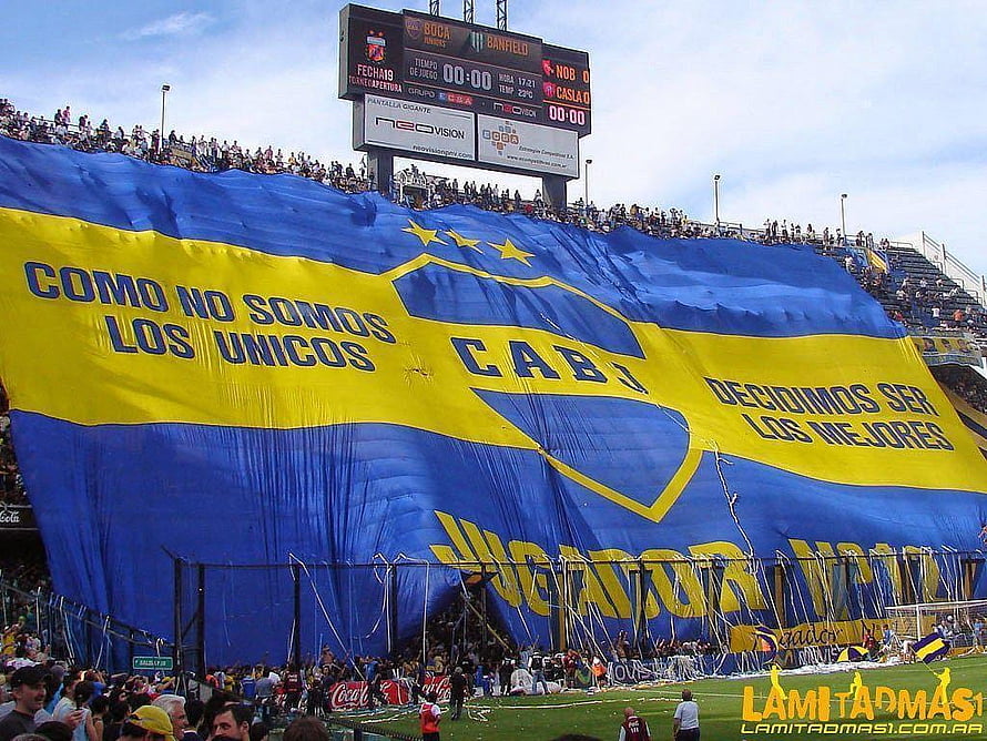 Boca Juniors Stadium Banner With Blue And Yellow Club Crest And Fan Chants HD wallpaper