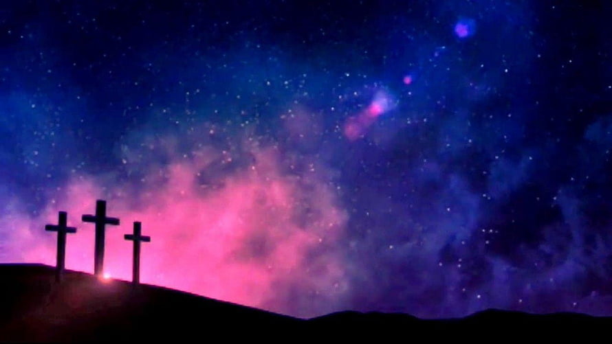 Three Crosses Silhouetted Against a Vibrant Pink and Purple Starry Night Sky HD wallpaper