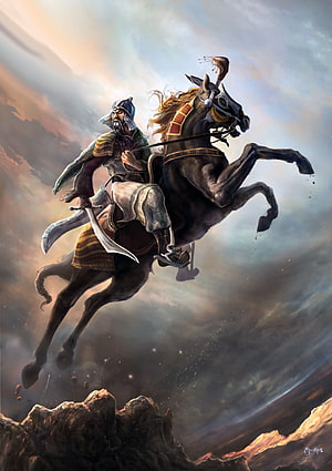 Islamic Warrior on Rearing Horse with Scimitar in Epic Fantasy Art HD phone wallpaper