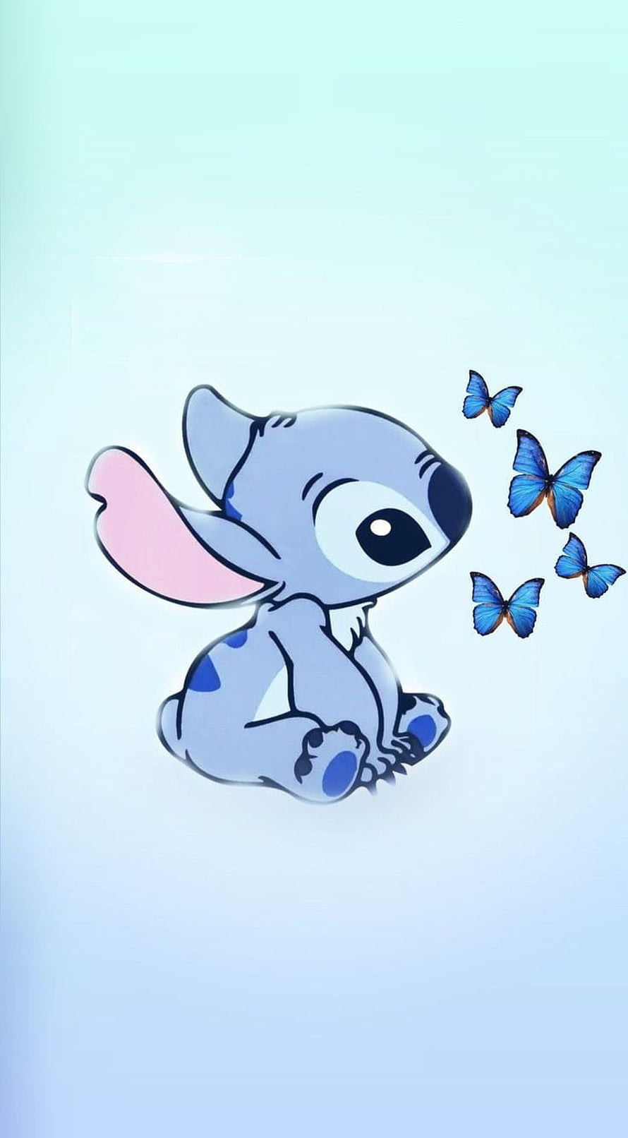 Cute Stitch from Lilo and Stitch Sitting with Blue Butterflies on a Soft Pastel Background HD phone wallpaper