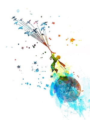 The Little Prince Watercolor Illustration with Birds and Stars HD phone wallpaper
