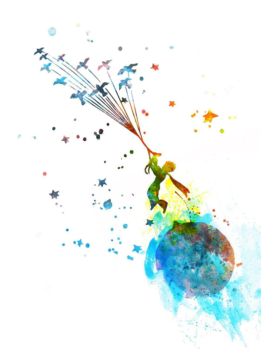 The Little Prince Watercolor Illustration with Birds and Stars HD phone wallpaper