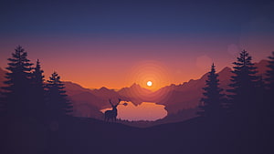 Silhouette Deer on Mountain Ridge at Sunset with Pine Trees and Lake HD wallpaper