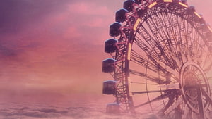 Giant Ferris Wheel Silhouette Against a Dreamy Pink Sunset Sky HD wallpaper