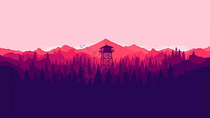 Stylized Fire Watchtower in Pink Mountain Forest at Dusk HD wallpaper