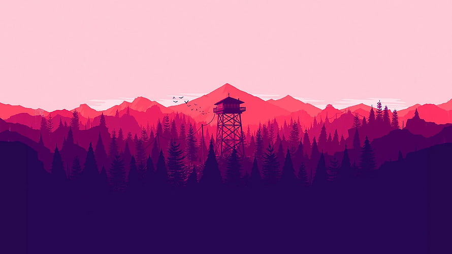 Stylized Fire Watchtower in Pink Mountain Forest at Dusk HD wallpaper