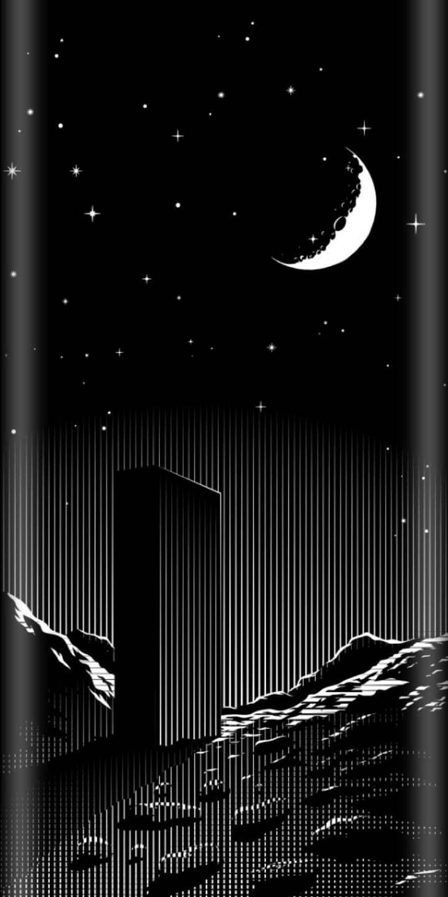 Monochrome Night Sky with Crescent Moon and Starry Landscape HD phone wallpaper