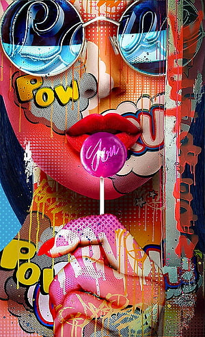 Monika Nowak Pop Art Portrait of Woman with Lollipop and Comic Speech Bubbles HD phone wallpaper