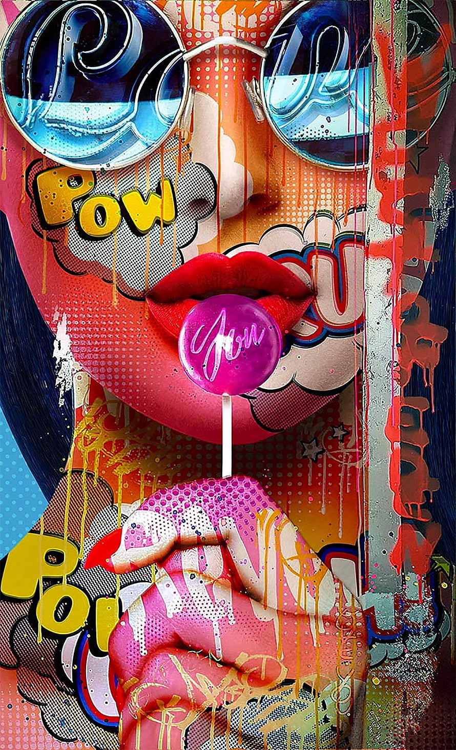 Monika Nowak Pop Art Portrait of Woman with Lollipop and Comic Speech Bubbles HD phone wallpaper