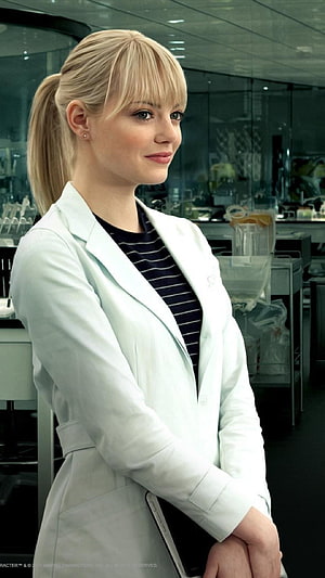 Gwen Stacy in White Lab Coat and Striped Top in Modern Office Setting HD phone wallpaper