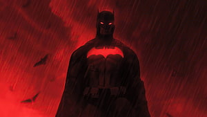 The Batman 2022 Animated Series Dark Hero Standing in Red Rain with Glowing Eyes and Bats Flying HD wallpaper