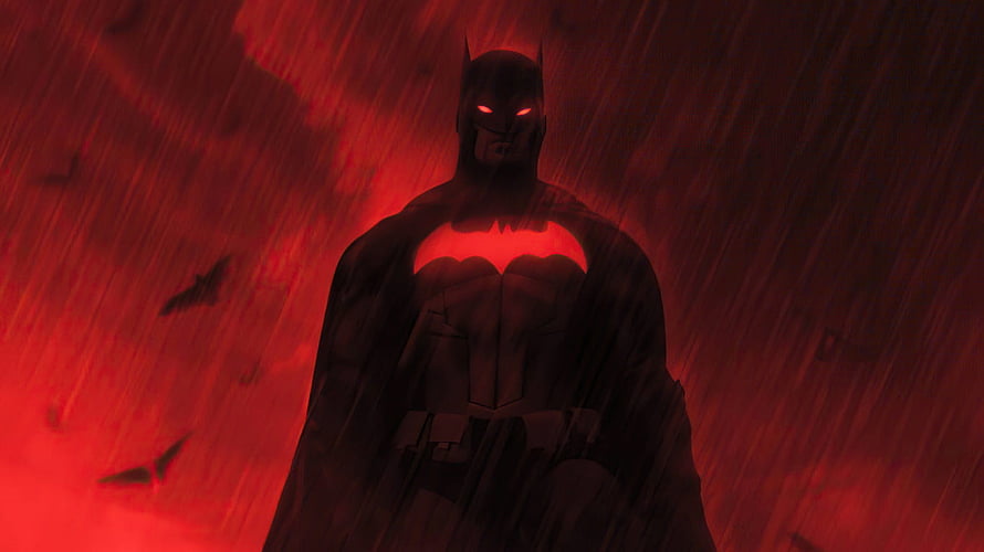 The Batman 2022 Animated Series Dark Hero Standing in Red Rain with Glowing Eyes and Bats Flying HD wallpaper