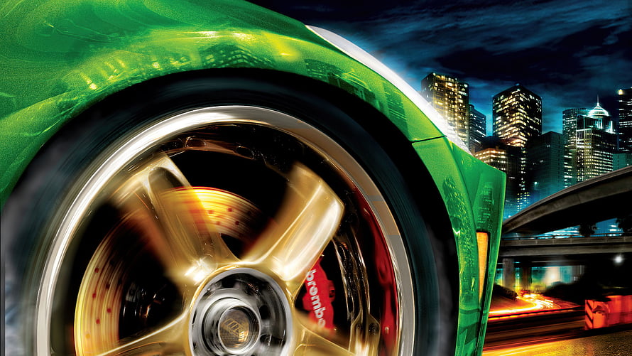 Need For Speed Underground 2 Green Car Wheel Close-Up With City Skyline HD wallpaper