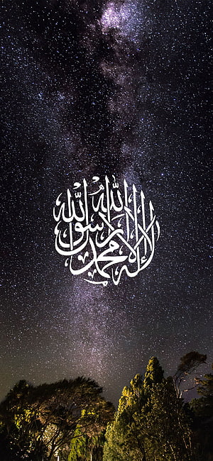 Islamic Calligraphy of La Ilaha Illallah Over a Starry Night Sky with Silhouetted Trees HD phone wallpaper