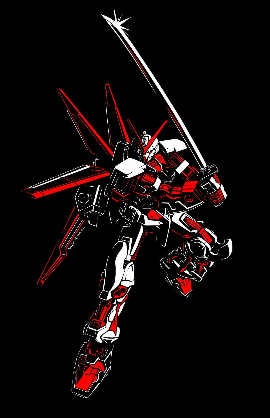 Gundam Astray Red Frame wielding a beam saber in dynamic action pose on black background HD phone wallpaper