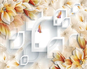 Elegant 3D Floral Wall Mural with White Geometric Frames and Butterflies HD wallpaper
