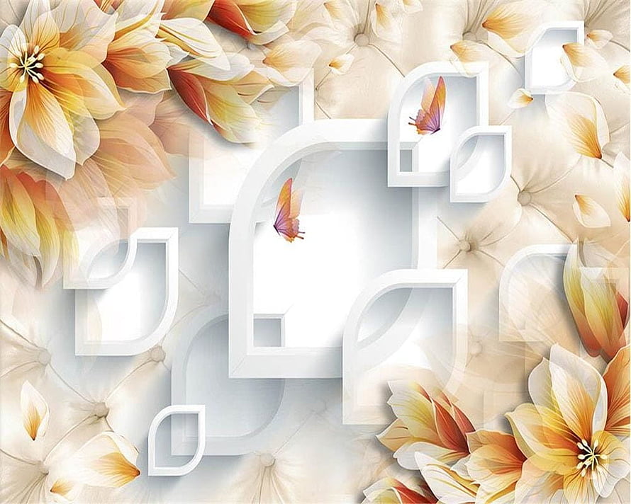 Elegant 3D Floral Wall Mural with White Geometric Frames and Butterflies HD wallpaper