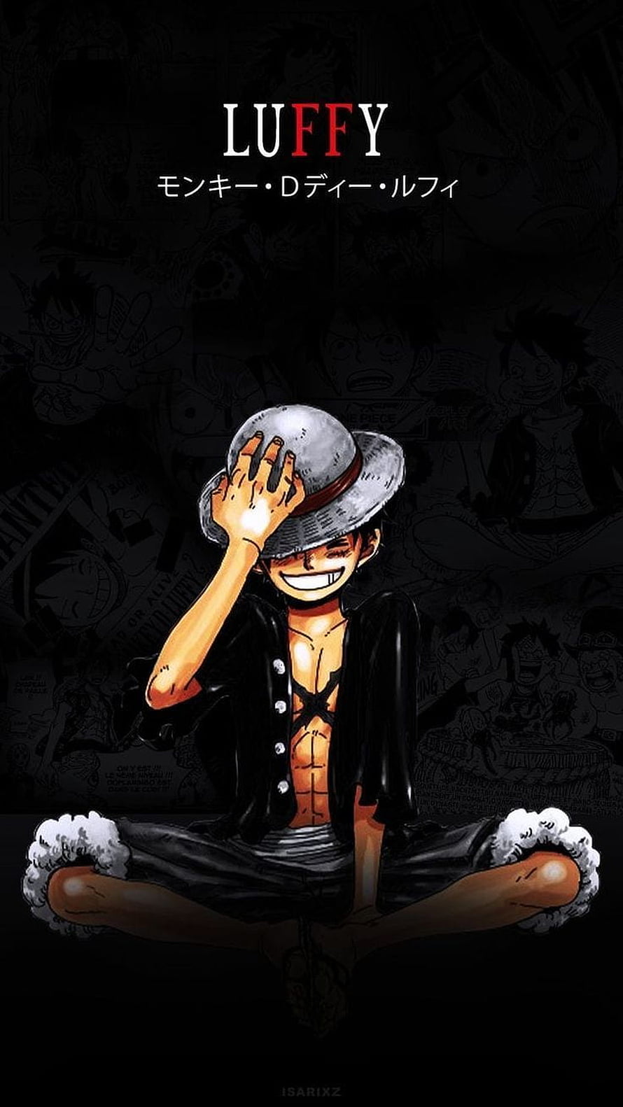 Monkey D. Luffy Sitting Cross-Legged in Straw Hat and Black Jacket HD phone wallpaper