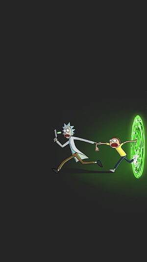 Rick and Morty Animated Characters Sprinting Toward a Glowing Green Portal on a Dark Background HD phone wallpaper