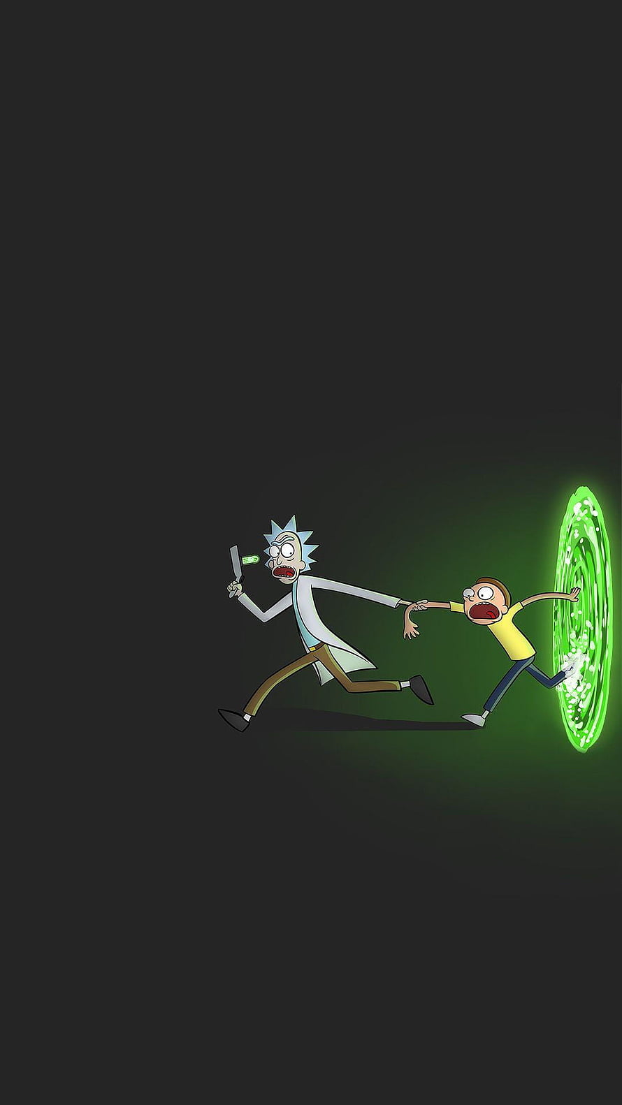 Rick and Morty Animated Characters Sprinting Toward a Glowing Green Portal on a Dark Background HD phone wallpaper