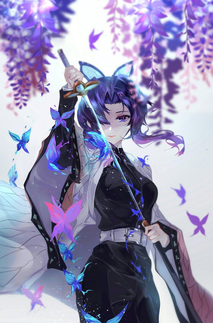 Shinobu Kocho from Demon Slayer Wielding Her Sword Amidst Purple Wisteria and Glowing Butterflies HD phone wallpaper