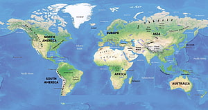 Detailed Physical World Map Showing Continents, Oceans, and Major Mountain Ranges HD wallpaper