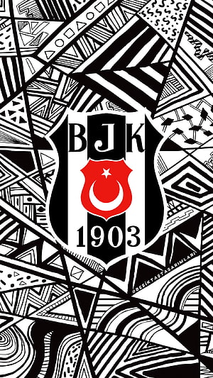 Beşiktaş JK 1903 Monochrome Geometric Pattern with Red Emblem and Intricate Line Art Design HD phone wallpaper