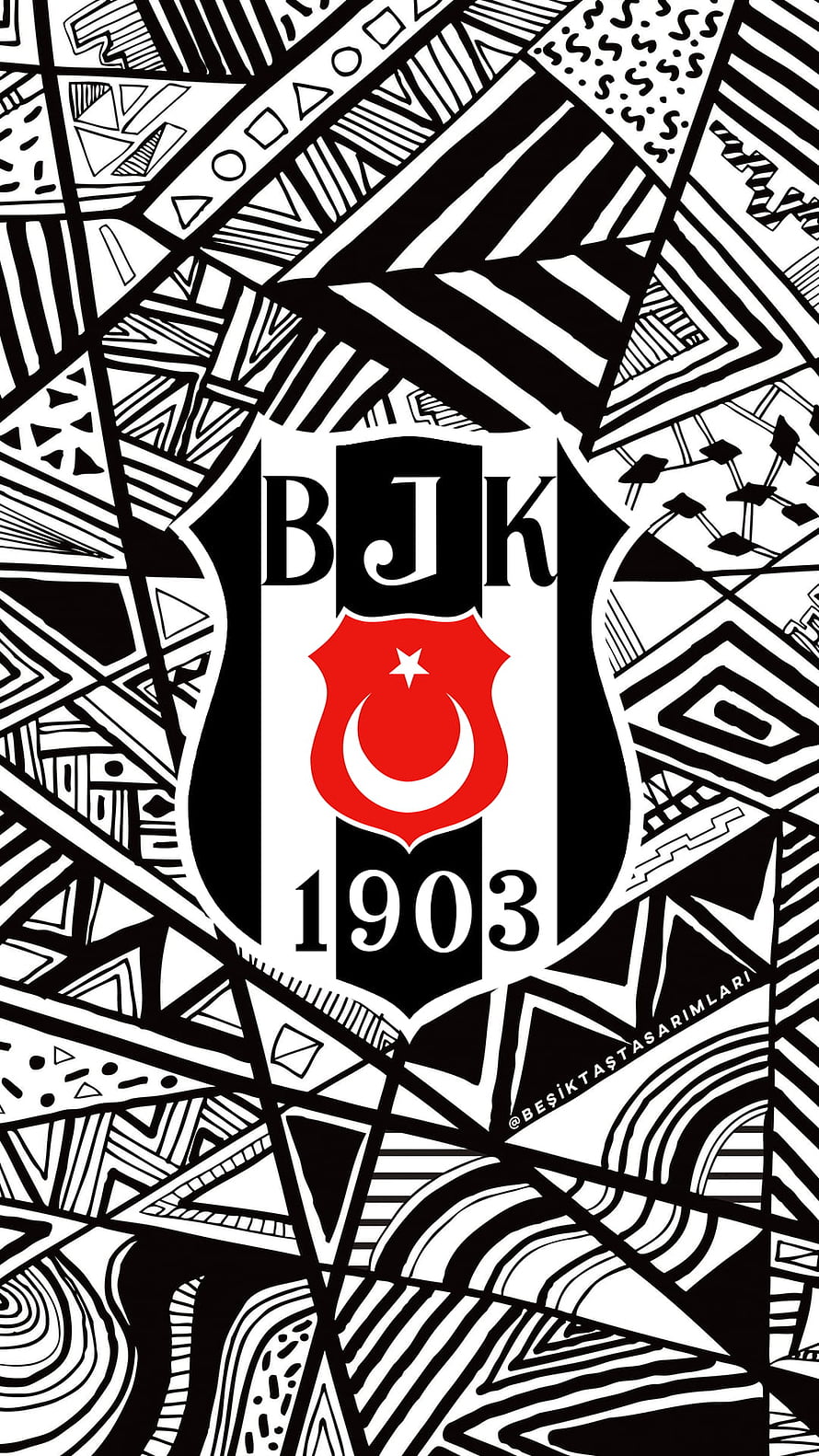 Beşiktaş JK 1903 Monochrome Geometric Pattern with Red Emblem and Intricate Line Art Design HD phone wallpaper