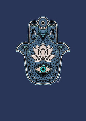 Intricate Hamsa Hand with Lotus Flower and Evil Eye on Navy Blue Background HD phone wallpaper