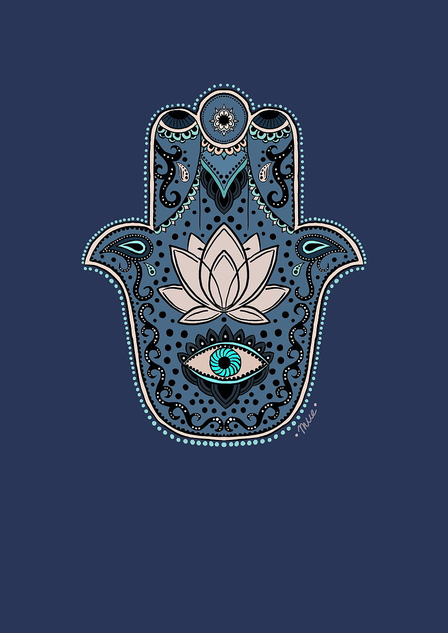 Intricate Hamsa Hand with Lotus Flower and Evil Eye on Navy Blue Background HD phone wallpaper