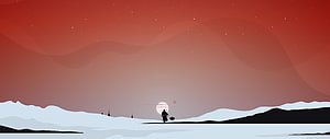 The Mandalorian Minimalist Silhouette Walking Through Snowy Landscape Under Red Sky HD wallpaper