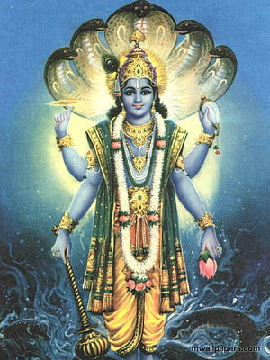 Lord Vishnu Four-armed Deity with Serpent Canopy and Cosmic Ocean HD phone wallpaper