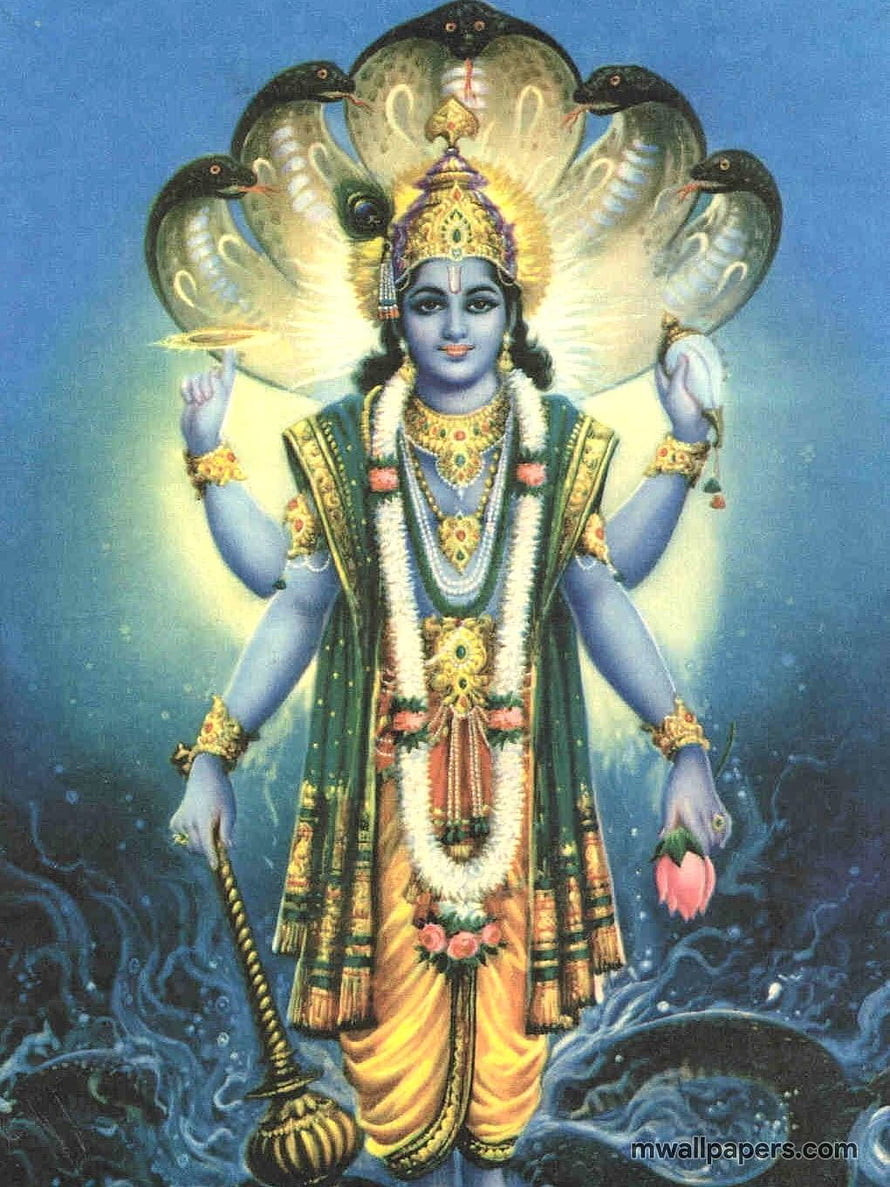 Lord Vishnu Four-armed Deity with Serpent Canopy and Cosmic Ocean HD phone wallpaper