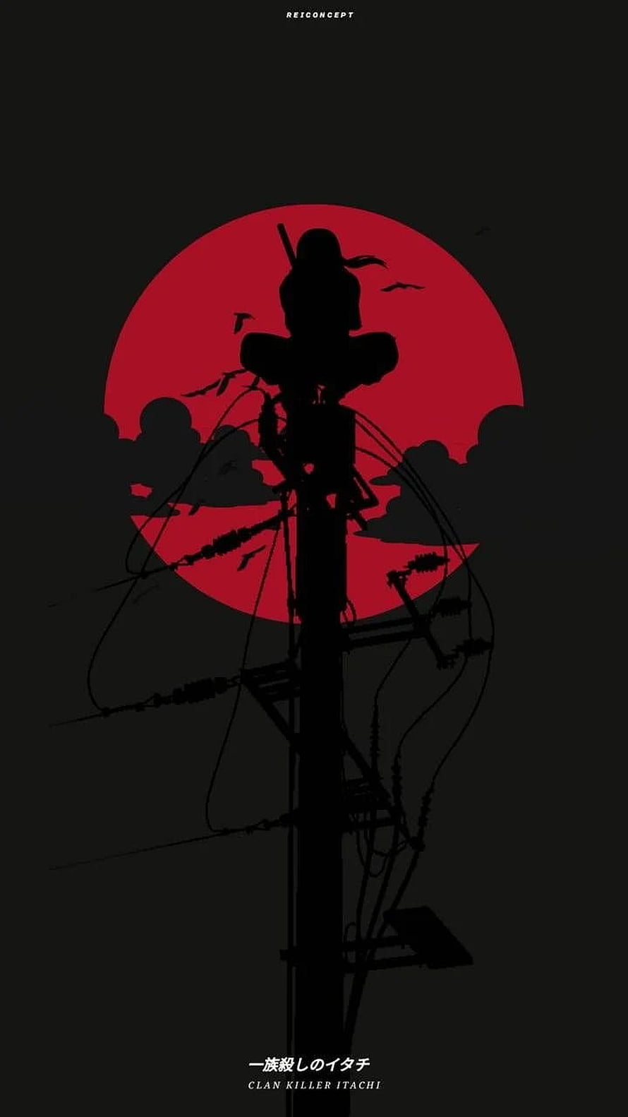 Uchiha Itachi Silhouette Perched on Utility Pole Against Red Moon HD phone wallpaper