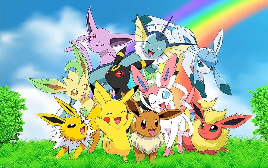 All Eeveelutions Gathered Together in a Sunny Grass Field with Rainbow Sky HD wallpaper